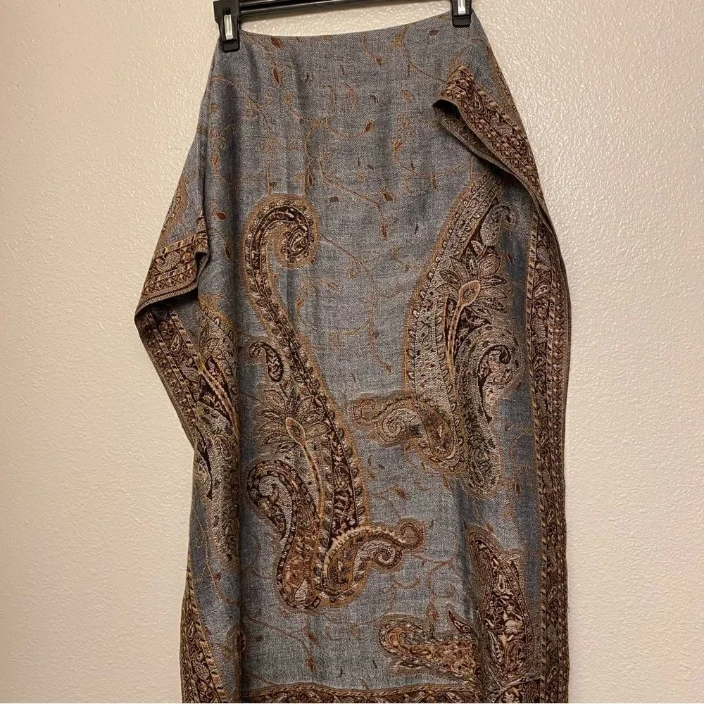 Light blue paisley embroidered scarf Cape wrap poncho shawl shrug fringe 74x28